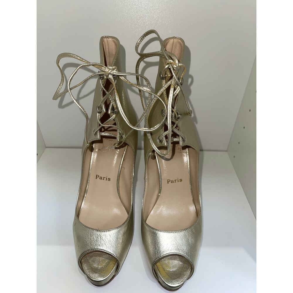 Christian Louboutin Gold Lace-Up Peep Toe Heels with Red Soles